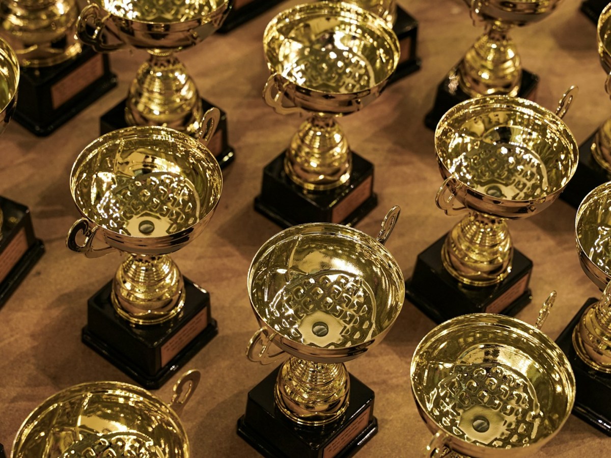 a bunch of trophies sitting on top of a table